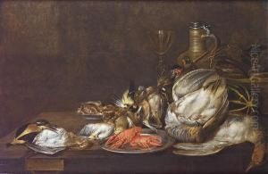 Dead Finches With A Pewter Dish 
Of Crayfish And A Dead Kingfisher, Grouse And Duck On A Table-top