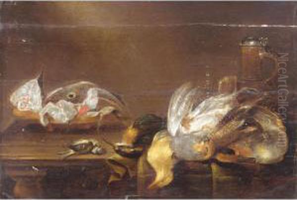 Still Life With A Bowl Of Fish, A
 Glass, A Flagon, Together With A Partridge, A Kingfisher, A Blue Tit 
And Other Songbirds On A Wooden Table - view 1