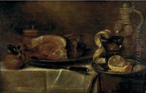 Still Life Of A Ham On A Pewter Plate And Other Objects, All On A Draped Table