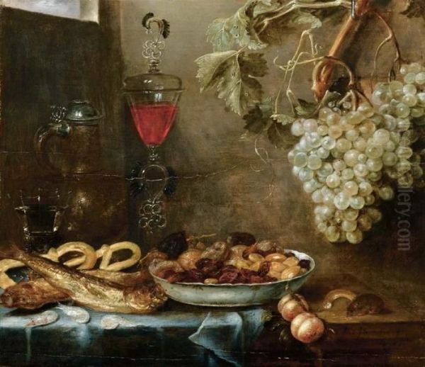Tavola Imbandita Con Pesci, Frutta, Brocca E Bicchieri, Topo E Grappolo D'uva - view 1