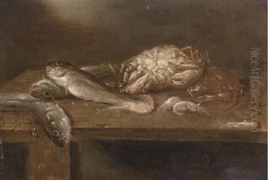 Crabs, Pikes And Shrimp On A Wooden Ledge by Alexander Adriaenssen