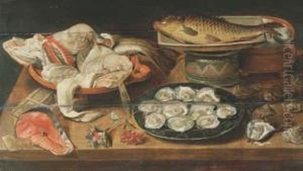 Huitres, Poissons Et Oeufs Dans
Differents Plats, Une Darne Desaumon, Des Fleurs Et Des Coquillages Sur
Un Entablement Enbois - view 1