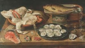 Huitres, Poissons Et Oeufs Dans 
Differents Plats, Une Darne Desaumon, Des Fleurs Et Des Coquillages Sur 
Un Entablement Enbois