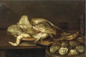 A Bowl Of Clams With A Plate Of Fish And Oysters On A Table by Alexander Adriaenssen