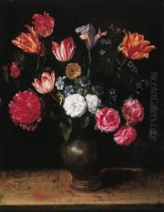 Roses, Lilies, Tulips, A Poppy And Other Flowers In A Stone Warejug On A Ledge