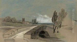 An extensive landscape with a stone bridge before a church