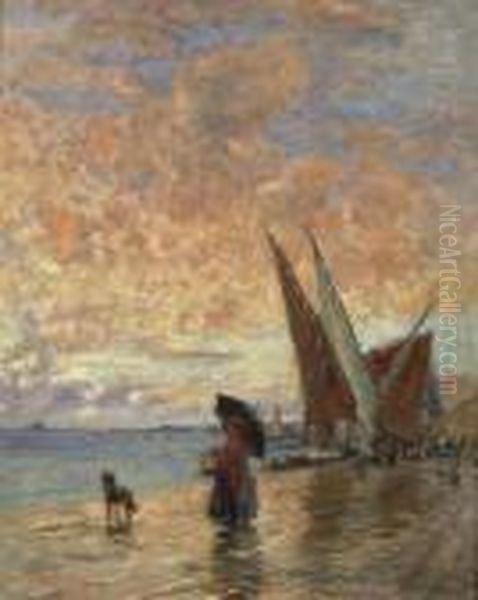 Kustenpromenande Mit Spazierender Dame Mit Kind Und Hund. 1896. - view 1