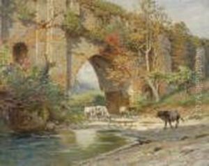 Kuhe Am Flussufer Unter Einem Bruckenbogen. by Franz Theodor Aerni