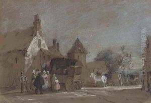 Figures disembarking from a carriage in a French village
