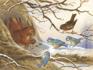 Red squirrels eating nuts on a snow covered branch before an audience of blue tits and a robin