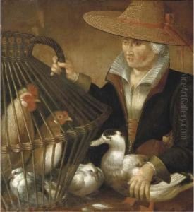 A Woman Holding A Duck And A Bird Cage With Chickens And A Dove