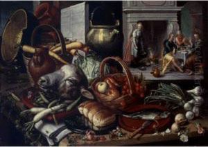 Kitchen Still Life With A Scene Of The Supper At Emmaus Beyond by Pieter Aertsen