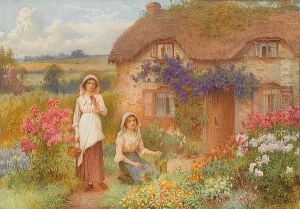 Young Girls In A Cottage Garden by William Affleck