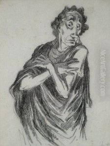 Theatrical Figure; Charcoal, Signed In Pencil, 24x19cm by Jean-Charles Cazin