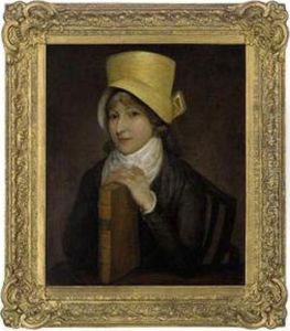 Portrait Of A Lady, Half-length,
 Seated In A Grey Dress And Yellowhat, Her Hands Resting On A Book