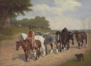 A Groom With A String Of Carthorses And A Dog