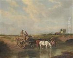 A Landscape With A Cart At A Ford, Farmhorses Watering, And A Coach Beyond