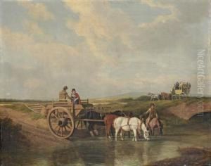 A Landscape With A Cart At A Ford, Farmhorses Watering, And A Coachbeyond
