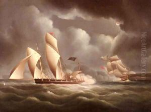 A British Frigate Attacking A Pirate Lugger At Night by James E. Buttersworth