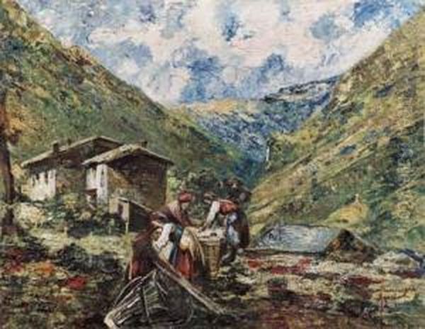 Paesaggio Montano Con Lavandaie - view 1