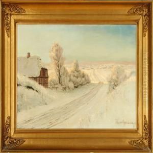 A Winter Landscape With A Thathced House by Hans Agersnap