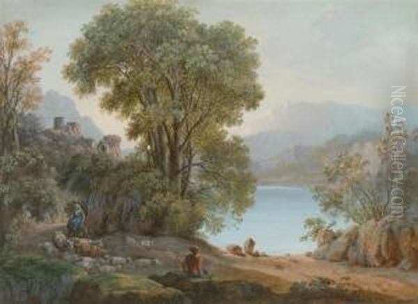 1. Castle Ruin By A Lake With
Travellers On A Bridge. 2. Arcadianlandscape With Shepherd And Sheep. A
Pair. - view 1