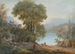 1. Castle Ruin By A Lake With 
Travellers On A Bridge. 2. Arcadianlandscape With Shepherd And Sheep. A 
Pair.
