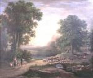 An Extensive Coastal Landscape With A Figure Driving Cattle And Sheep Over A Bridge