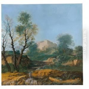 A Wooded Landscape With A Shepherd Playing The Flute To His Flock