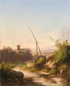Contadina Nel Paesaggio Con Antico Borgo In Lontananza by Guido Agostini