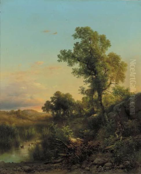 Maremma Presso S. Vincenzo, Tuscany: A Wooded Landscape With Ahuntsman Stalking Ducks - view 1