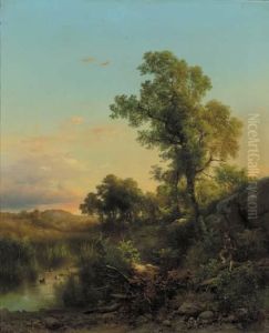 Maremma Presso S. Vincenzo, Tuscany: A Wooded Landscape With Ahuntsman Stalking Ducks by Guido Agostini
