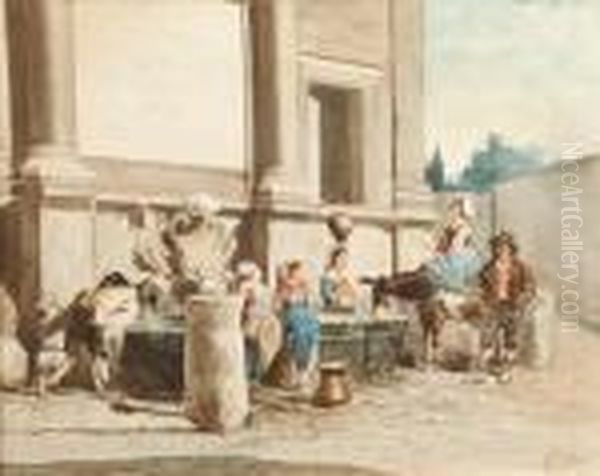 A Group Of Country People Gathered By A Water Trough - view 1