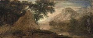 A Riverlandscape With Figures. Oil/panel by Christophe-Ludwig Agricola