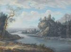 A Rocky River Landscape With
Travellers On A Country Path And Figures Resting Beside A Waterfall; A
River Landscape With Anglers In The Foreground And Travellers On A Path
Beyond; A River Landscape With Figures Angling And A Village Beyond; And
A by Christophe-Ludwig Agricola