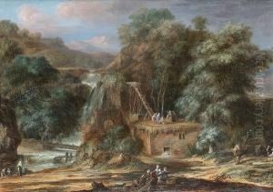 A River Landscape With Figures 
Constructing An Aqueduct Beside Waterfalls, Oriental Figures And Camels 
Nearby