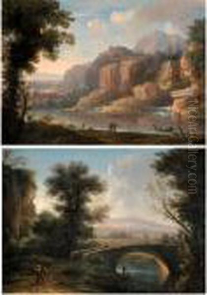 A Mountainous River Landscape
With Figures By The Shore; A Southern Landscape With A Bridge Crossing A
Small River - view 1