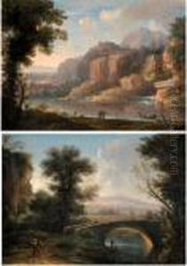 A Mountainous River Landscape
With Figures By The Shore; A Southern Landscape With A Bridge Crossing A
Small River by Christophe-Ludwig Agricola