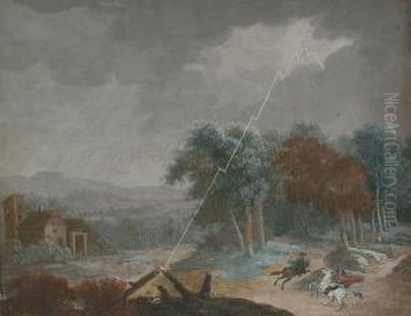 A Wooded Landscape With Horsemen Taking Shelter In A Storm by Christophe-Ludwig Agricola