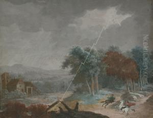 A Wooded Landscape With Horsemen Taking Shelter In A Storm by Christophe-Ludwig Agricola