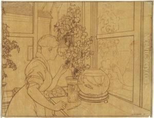 Vor Einem Fenster Sitzende Frau by Eduard Agricola