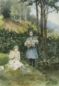 Madchen Mit Blumen In Sommerlandschaft by Tito Agujari