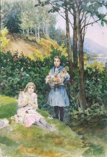 Zwei Madchen Mit Blumen In Einer Waldigen Landschaft Bei Einem See - view 1