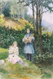 Zwei Madchen Mit Blumen In Einer Waldigen Landschaft Bei Einem See by Tito Agujari