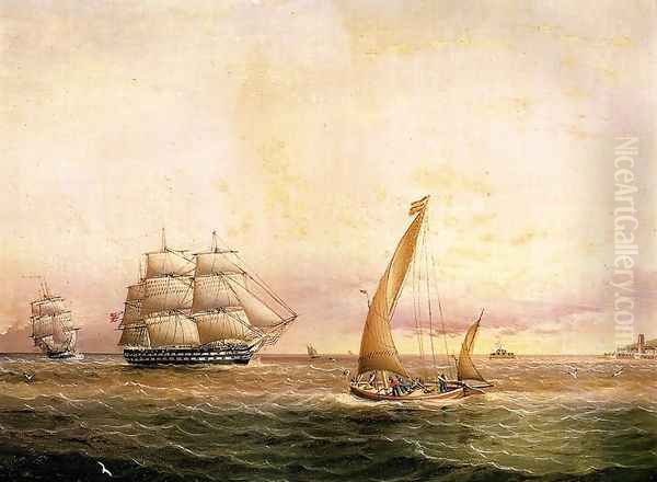 Two American Naval Vessels Entering Harbor - view 1