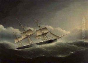 An American clipper ship battling through a hurricane under reduced sail by James E. Buttersworth