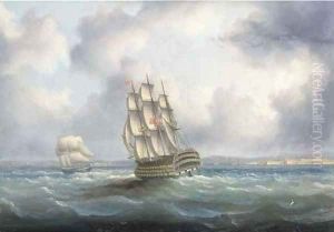 A British First Rate in the Atlantic with Cadiz off to starboard by James E. Buttersworth