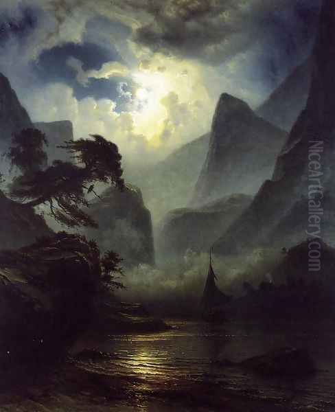A Norwegian Fjord by Moonlight - view 1