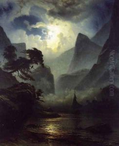 A Norwegian Fjord by Moonlight by Knud (Andreassen) Baade