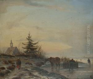 Winter Landscape With Figures And A Church Beyond. Winter Landscape With Figures And A Church Beyond.